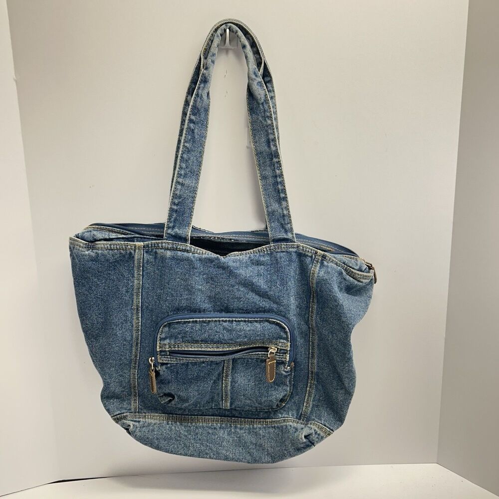Vintage Y2K Denim Utility Tote Bag Medium Wash Multi Pocket Shoulder Purse